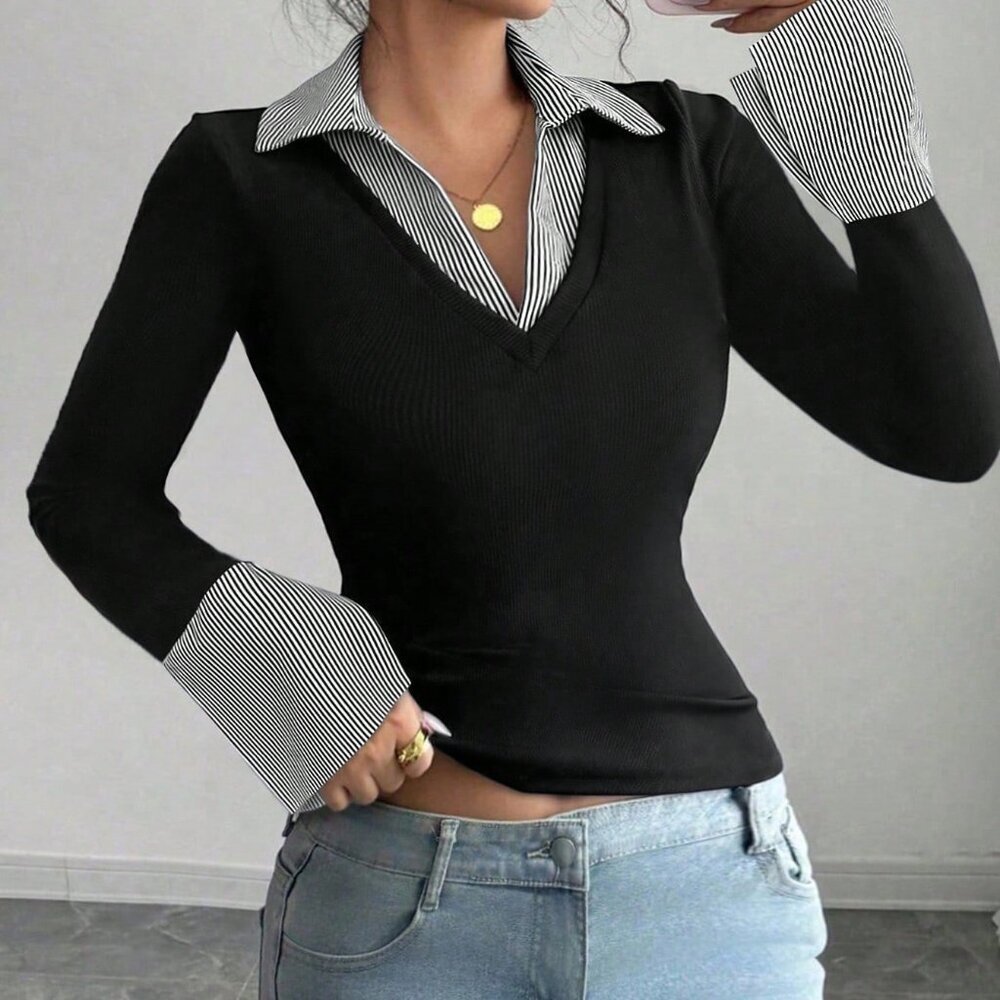 Black Casual Women's Striped V-Neck Slim Fit Top